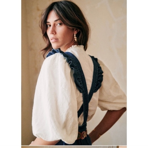 Sezane Rosario Ruffle Denim Overall Jumpsuit - Picture 2 of 8